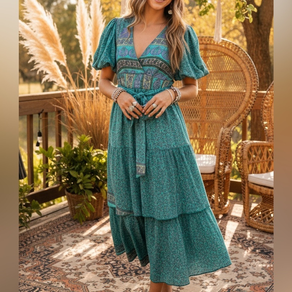 NWT Silk Boho Tiered Wrap Dress By Guru Sz Medium / Large